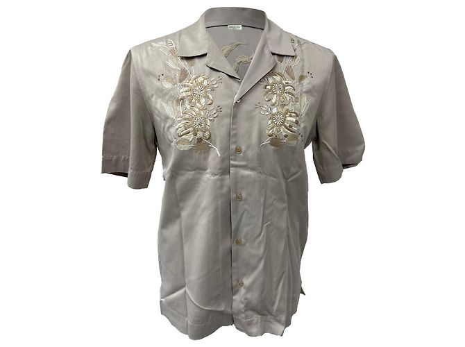 Camisa de cetim bordada com colarinho camp de Dries Van Noten em viscose bege
