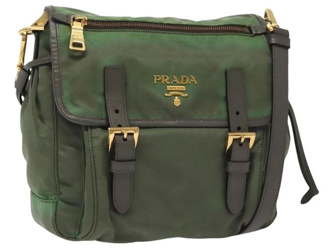 Sac à épaule PRADA en nylon kaki or Auth 138636 Doré