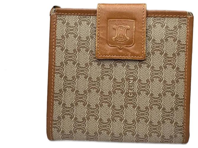 Triomphe Céline Vintage Celine Paris Monogram Leather wallet beige brown