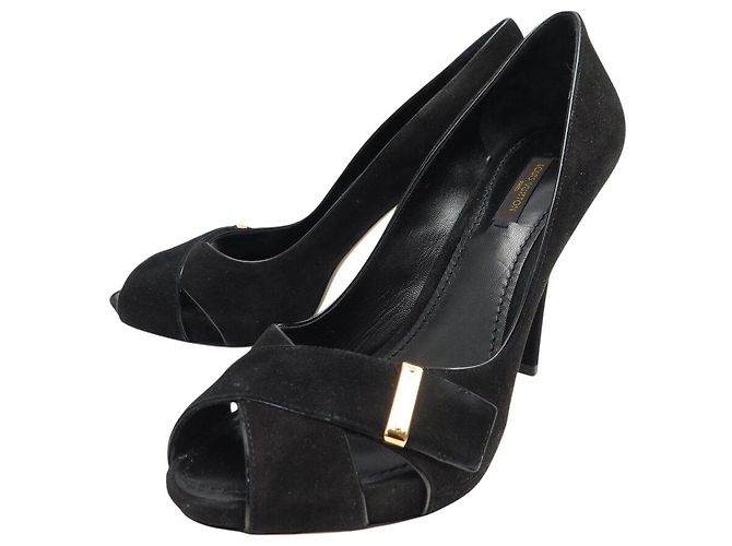 LOUIS VUITTON PASSY OPEN TOE PUMPS 38 BLACK SUEDE + BOX