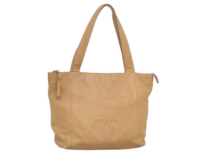 CHANEL COCO Bolsa Tote em Couro Caviar Bege Ouro CC Auth BA4943 Dourado