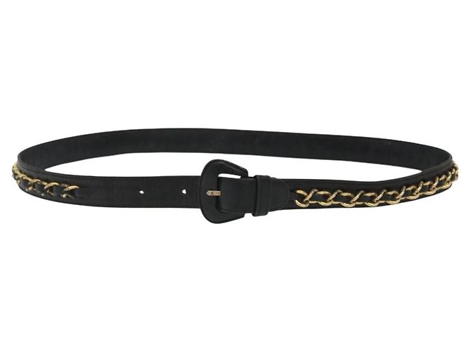 Cinturón de Cadena de Cuero CHANEL 34,6"" Oro Negro CC Auth hk2962 Dorado