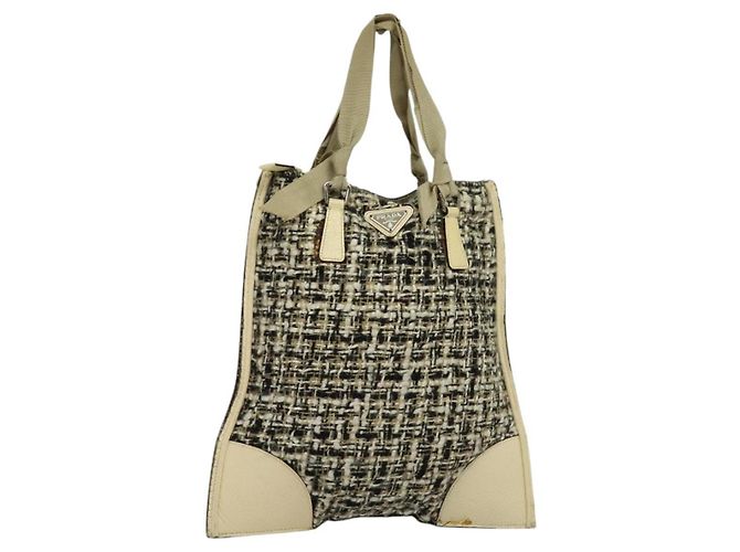 PRADA Handtasche Tweed Leder Beige Schwarz Silber Auth yk19291