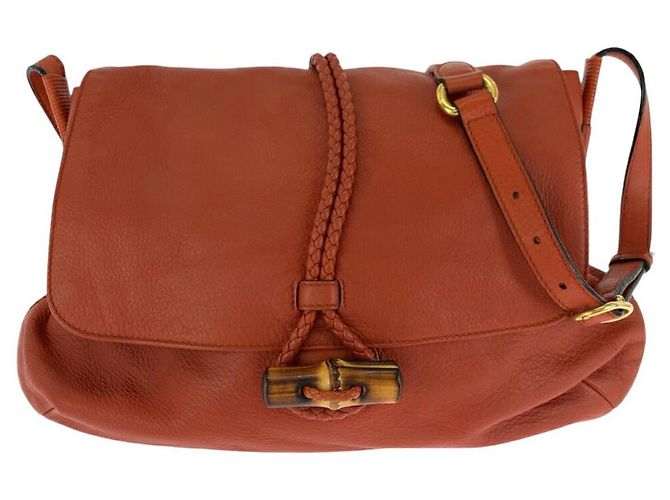 Bolsa de Ombro de Couro Gucci Bamboo Laranja