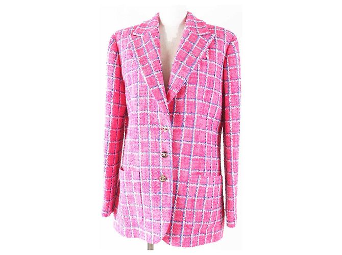 Chanel COCO Mark Jewel Button Tweed Cotton Polyamide Jacket Pink White Blue
