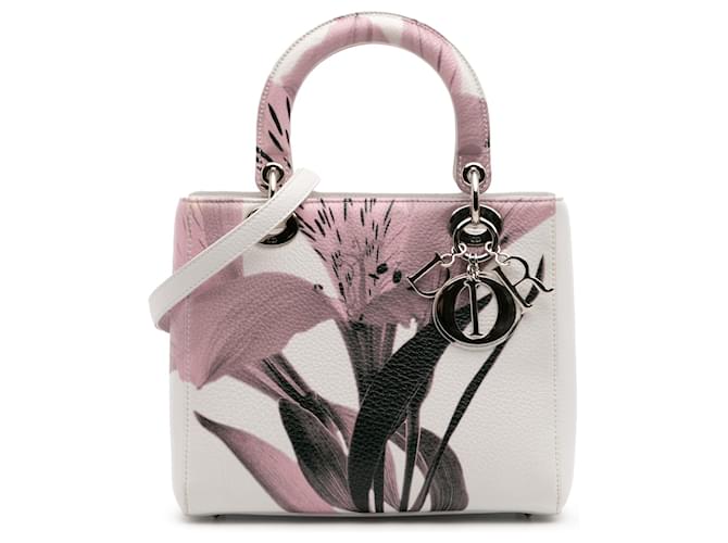 Dior White Medium Deerskin Floral Printed Lady Dior Leather Goatskin  ref.2470438