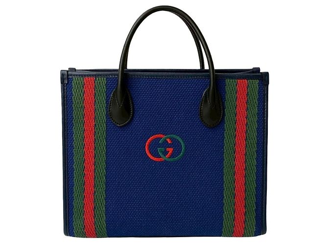 Bolsa de mão em lona e couro Sherry Line com G entrelaçado GUCCI Preto Vermelho Azul Verde Azul marinho