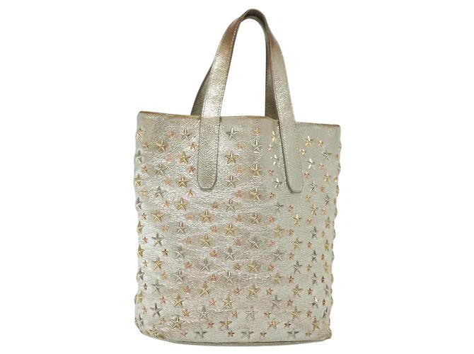 Bolsa Tote de Couro Jimmy Choo Studs Champagne Ouro Auth bs28966