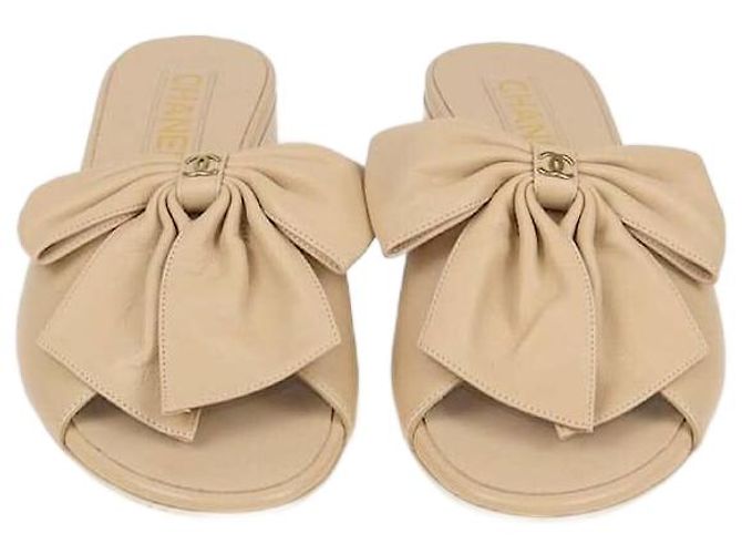 Chanel Beige Bow CC Slide Sandals