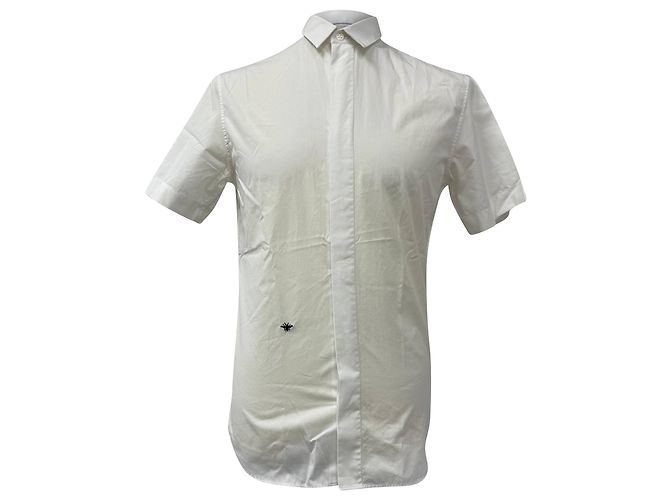 Camicia bianca in cotone ricamata con api Dior a maniche corte Bianco Crudo