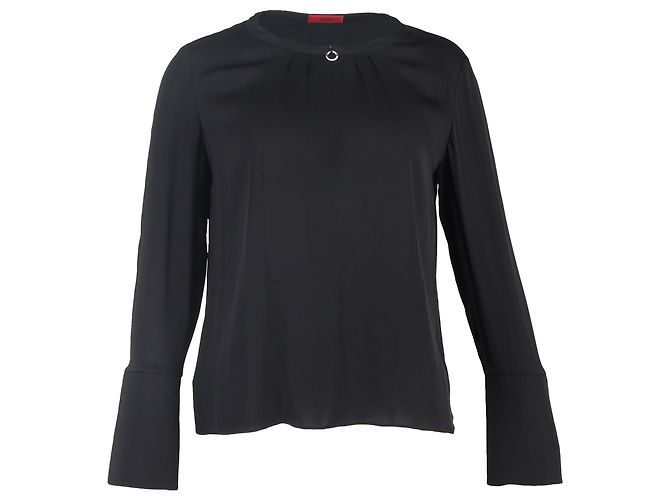 Hugo Boss Ring-Embellished Long Sleeve Top in Black Polyester