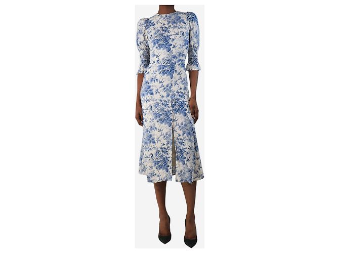 Reformation Midikleid mit weiß-blauem Blumenmuster - Größe UK 4