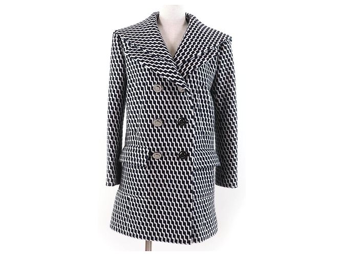 Chanel Hexagon COCO Button Zigzag Pattern Wool Coat Black White