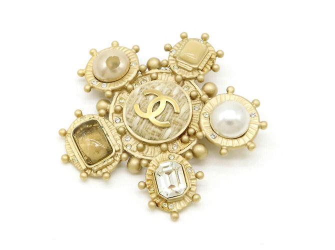Chanel Coco Mark Perlen-Strass Brosche Golden