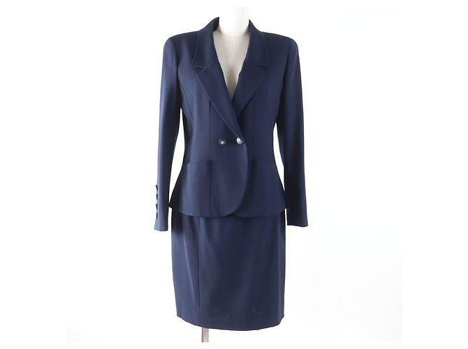 Giacca Gonna 2 in 1 in Lana con Bottone COCO di Chanel Blu Blu navy