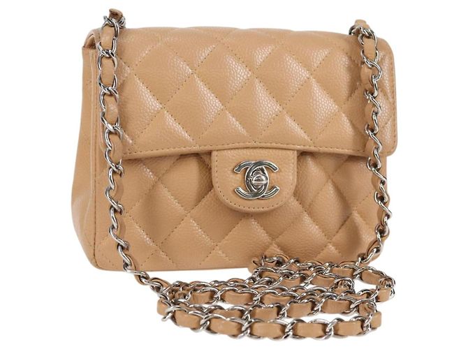 CHANEL Mini Matelassé 17 Sac à Bandoulière Chaîne Cuir Caviar Beige CC Auth 138560V Argenté