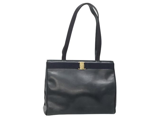Borsa a Spalla Salvatore Ferragamo Vala in Pelle Blu Navy Oro Auth BA4945 D'oro