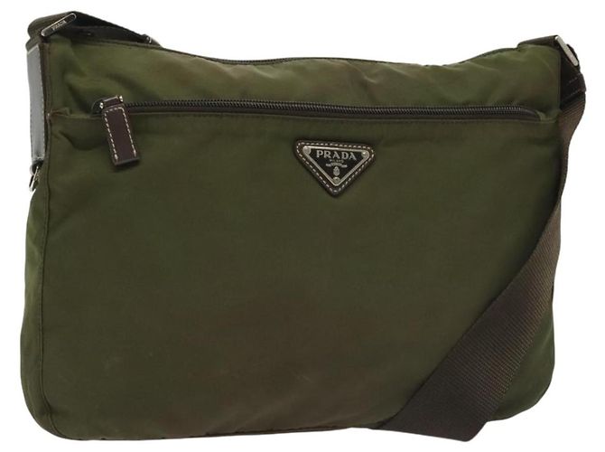 PRADA Schultertasche Nylon Khaki Silber Authentisch ki5956