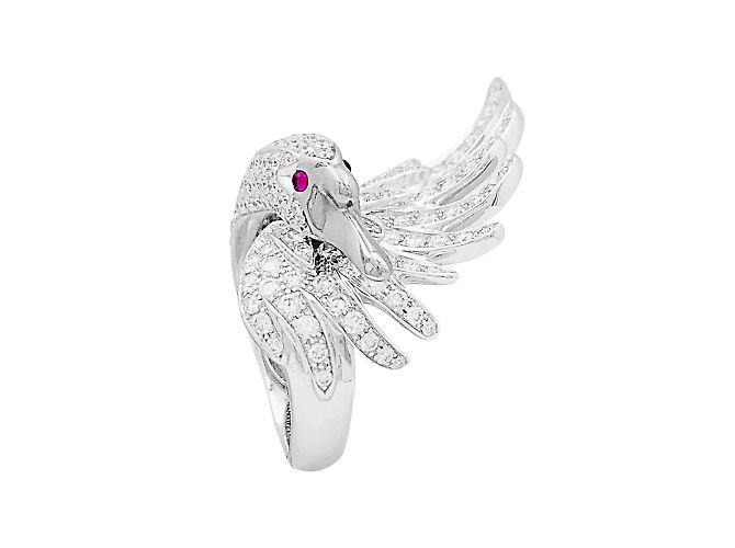 Anello Boucheron, "Animali da Collezione: "Cypris, il Cigno", oro bianco, diamanti, rubini.