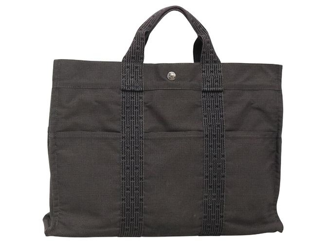 Hermès HERMES Bolsa de Mão Her Line MM Lona Cinza Prata Auth 140108 Marrom