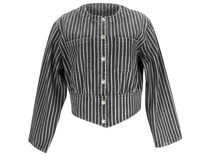 Timeless  Chanel Striped Button-Down Denim Jacket in Black Cotton