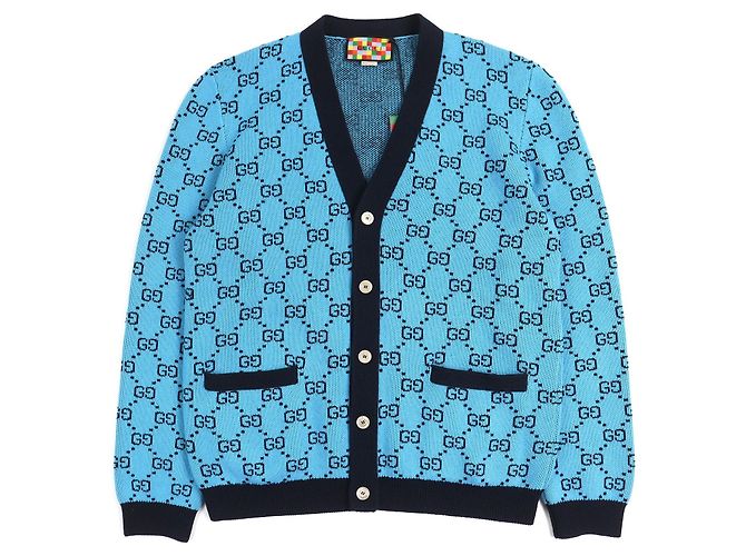 Gucci GG Pattern Wool Cotton Knit Cardigan Black Blue