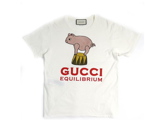 Camiseta de algodón con bordado de cerdo EQUILIBRIUM de Gucci Blanco Multicolor Blanco roto