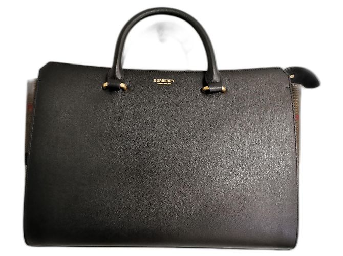 Borsa Burberry GM in pelle nera e tela check Marrone Nero