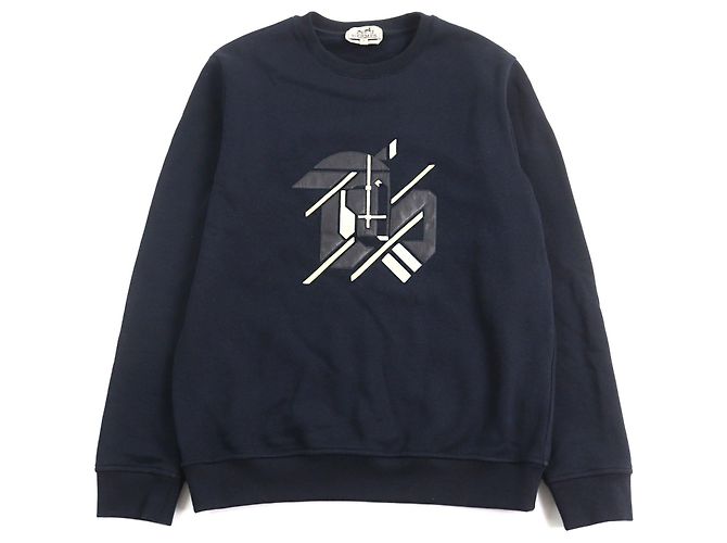 Hermès Pulôver de algodão, pele de ovelha e couro Hermes Chevaux en Symmetrie Azul Azul marinho