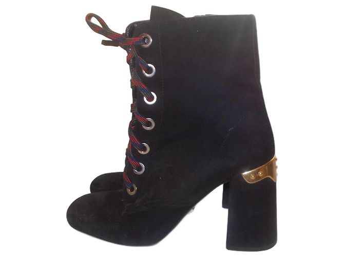 Prada Suede Lace Up Ankle Boots Black Gold Hardware