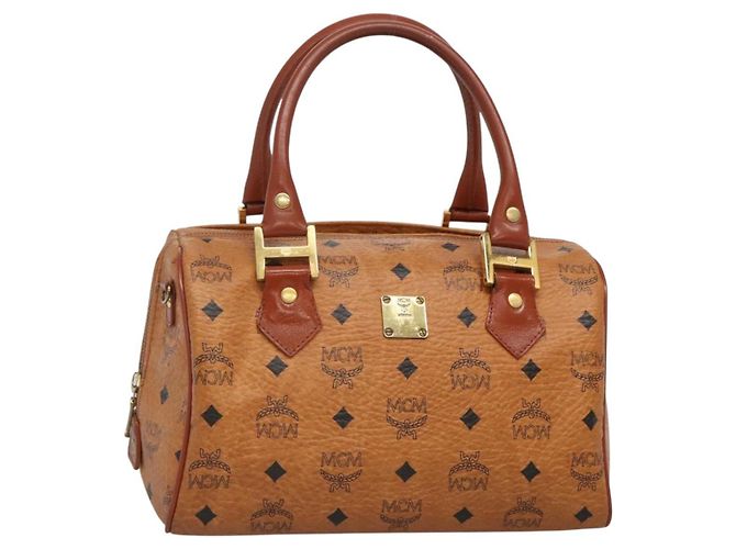 Bolsa Boston MCM Logogram Vicetos em couro PVC marrom e dourado Auth BA4839