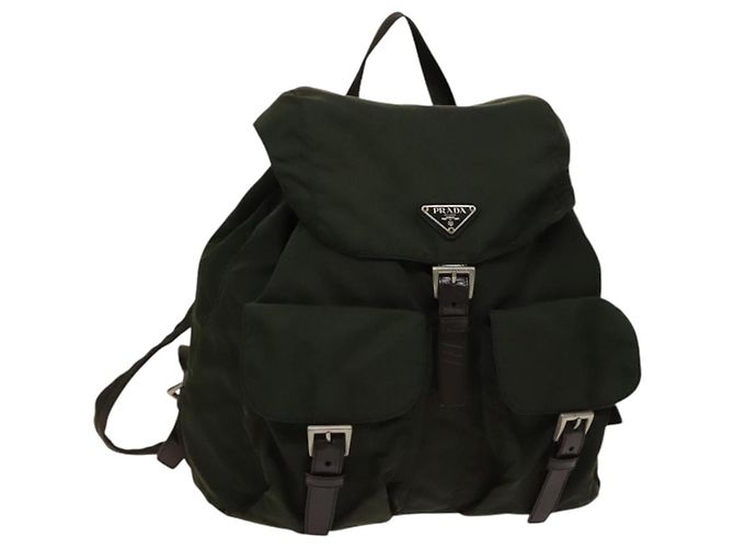 PRADA Backpack Nylon Khaki Silver Auth ki5908 Silvery
