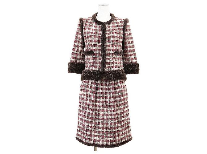 Conjunto de pelagem de coelho de tweed da Chanel Marrom Vermelho