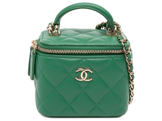 Vanity Chanel Mini CC Verde em Couro de Corde com Alça e Corrente