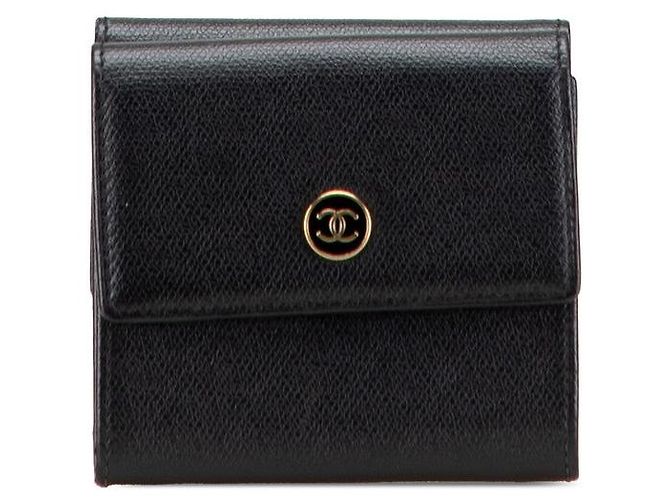 Chanel Coco Button Leather Trifold Wallet Black