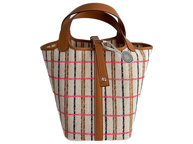 Hermès Picotin 18 Canvas Lock Abdeckung Quadrat Eimerhandtasche Karamell