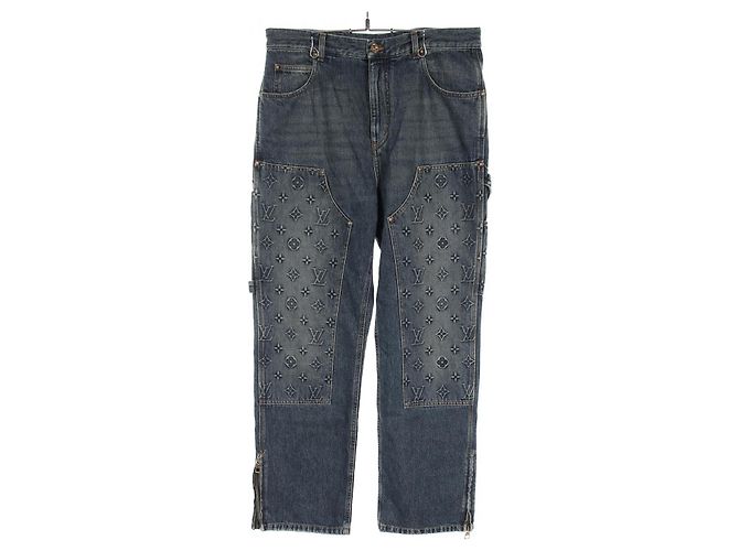 Calças de denim de algodão Monogram Louis Vuitton Azul Azul marinho