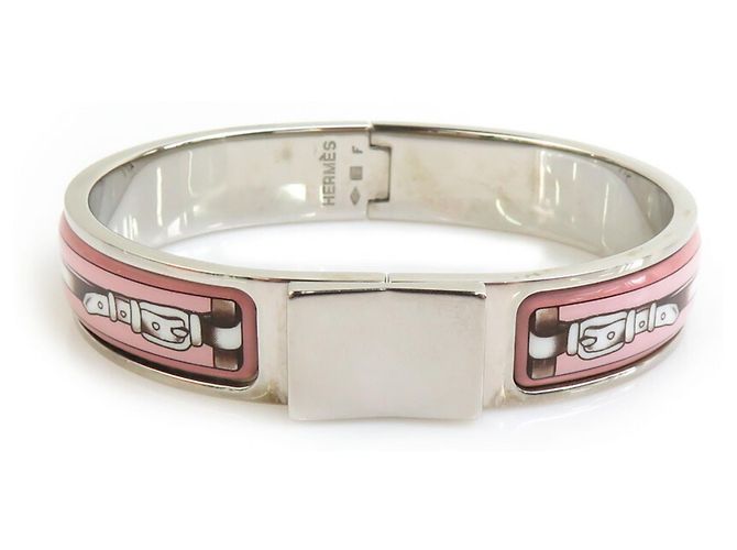Hermès Hermes Click-Clack Metal Enamel Bangle Bracelet Silvery Pink White 