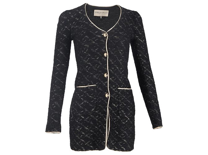 Emilio Pucci Gold Trim Knit Buttoned Coat in Black Wool