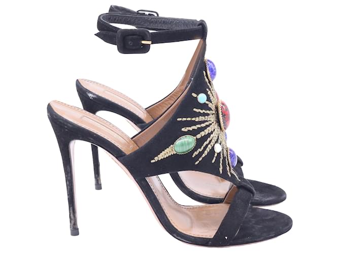  Aquazzura Desert Sun Embellished Sandal Heels in Black Suede  ref.2487235