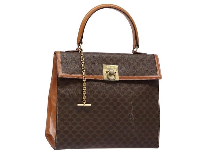 Céline Bolsa de mão em lona Macadam CELINE em couro PVC marrom e dourado Auth gh737