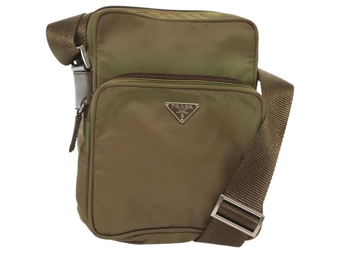 PRADA Shoulder Bag Nylon Khaki Silver Auth ki5896 Silvery
