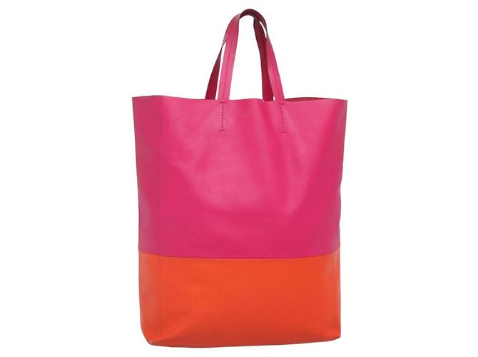 Céline Bolsa Tote de Couro Rosa Dourado Auth 135200