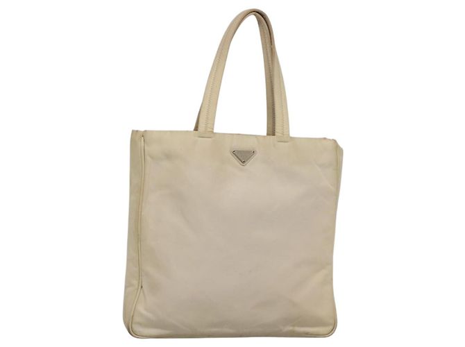 Borsa Tote PRADA Nylon Beige Argento Auth gh666