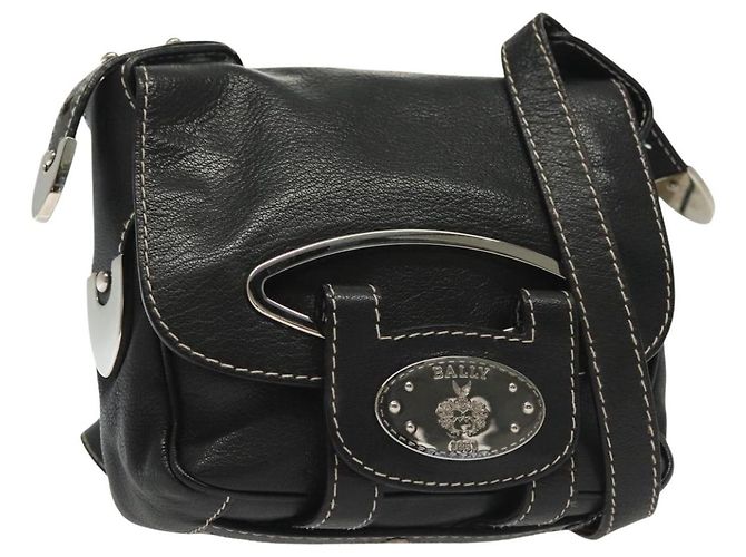 BALLY Bolsa de Ombro de Couro Preta Prata Auth BA5493 Preto