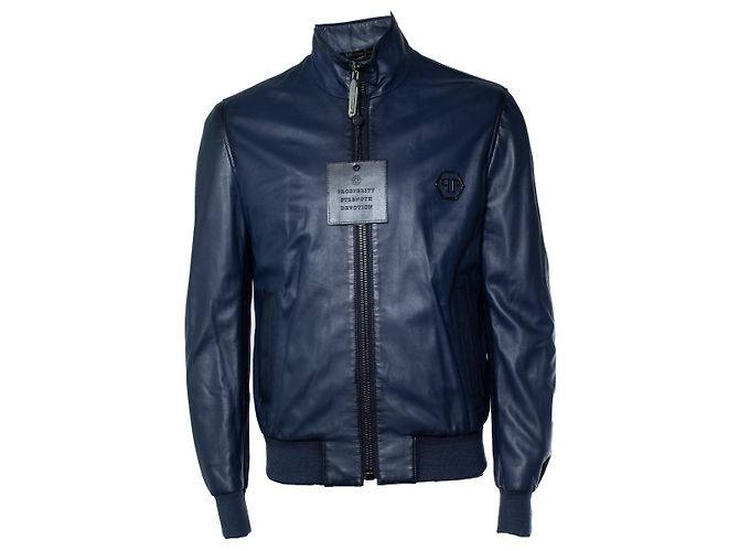 Philipp Plein, navy leather bomber jacket