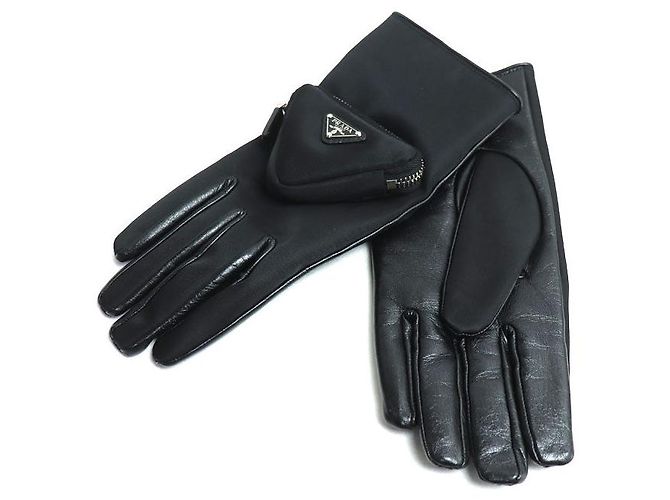 Guantes de cuero con logo triangular Prada Negro