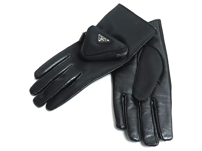 Luvas de couro com logo triangular Prada Preto 