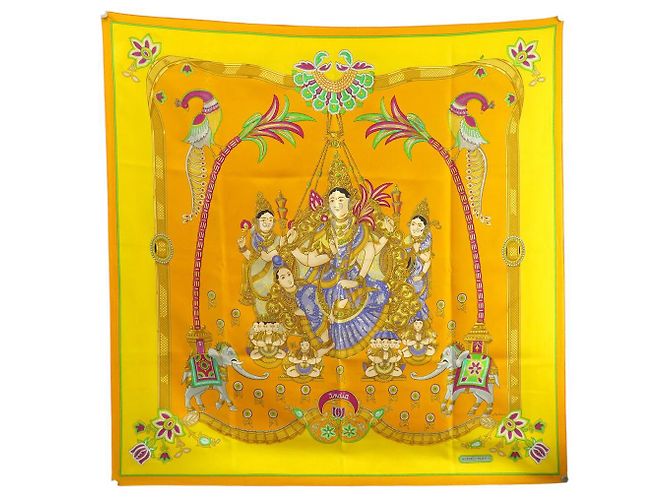 Hermès FULAR HERMES INDIA DI CATY LATHAM 1986 IN SETA 90 CM Giallo