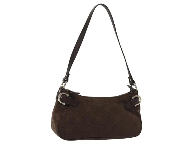 Salvatore Ferragamo Accessory Pouch Suede Brown Silver Auth gh716 Silvery